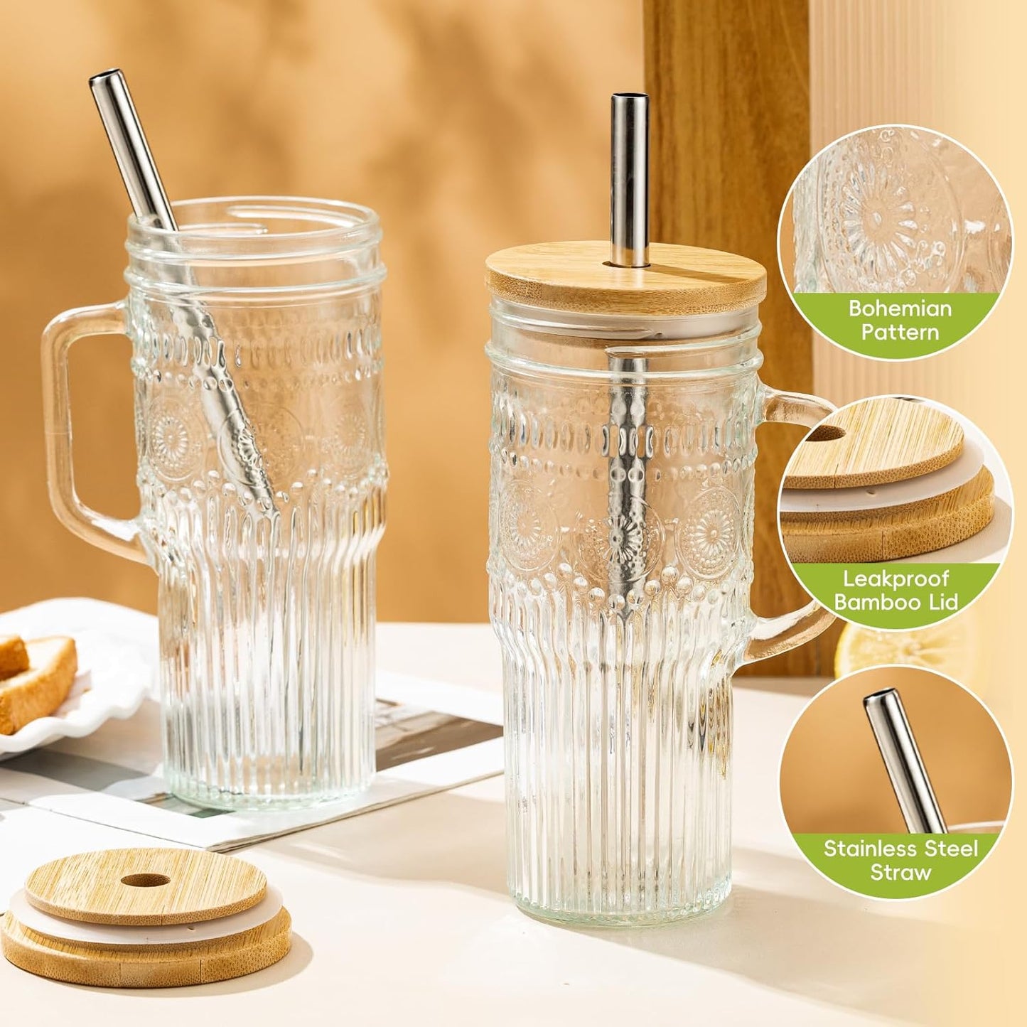 Glass Tumbler, 24 oz Ice Coffee Cups with Bamboo Lid and Handle | Stainless steel straws and cleaning brushes, boho pattern design for iced coffee, smoothies, tea and daily drinks