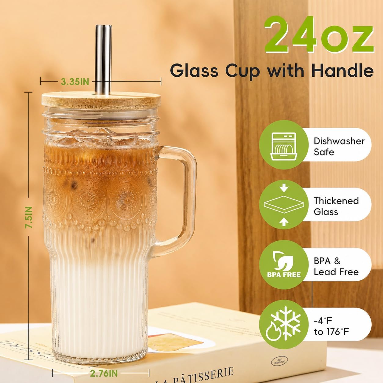 Glass Tumbler, 24 oz Ice Coffee Cups with Bamboo Lid and Handle | Stainless steel straws and cleaning brushes, boho pattern design for iced coffee, smoothies, tea and daily drinks