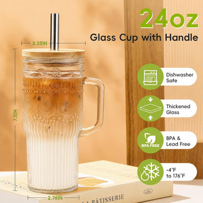 Glass Tumbler, 24 oz Ice Coffee Cups with Bamboo Lid and Handle | Stainless steel straws and cleaning brushes, boho pattern design for iced coffee, smoothies, tea and daily drinks