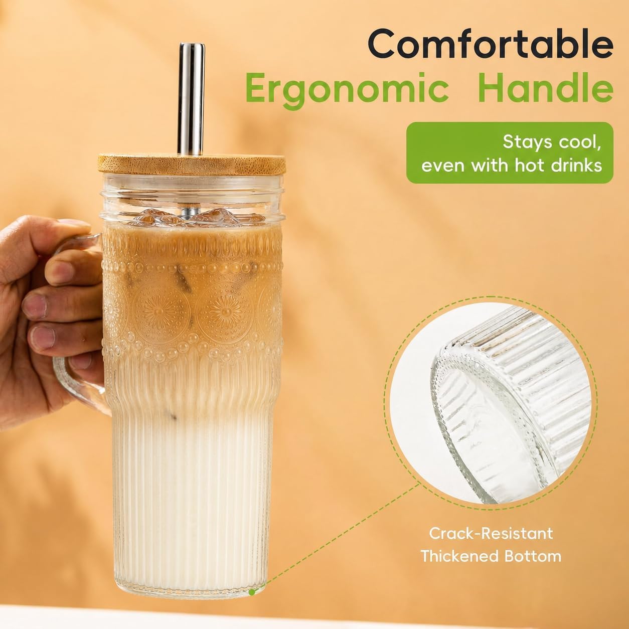 Glass Tumbler, 24 oz Ice Coffee Cups with Bamboo Lid and Handle | Stainless steel straws and cleaning brushes, boho pattern design for iced coffee, smoothies, tea and daily drinks
