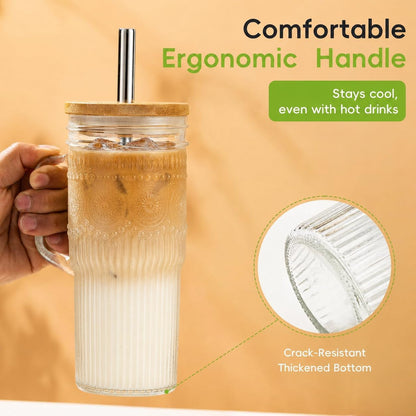 Glass Tumbler, 24 oz Ice Coffee Cups with Bamboo Lid and Handle | Stainless steel straws and cleaning brushes, boho pattern design for iced coffee, smoothies, tea and daily drinks