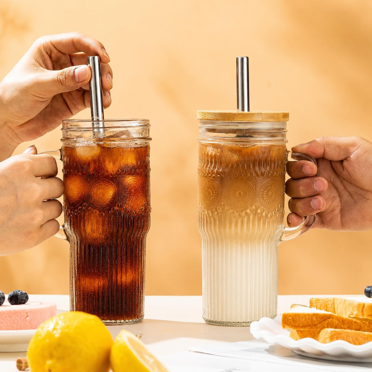 Glass Tumbler, 24 oz Ice Coffee Cups with Bamboo Lid and Handle | Stainless steel straws and cleaning brushes, boho pattern design for iced coffee, smoothies, tea and daily drinks
