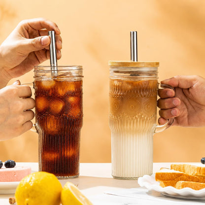 Glass Tumbler, 24 oz Ice Coffee Cups with Bamboo Lid and Handle | Stainless steel straws and cleaning brushes, boho pattern design for iced coffee, smoothies, tea and daily drinks