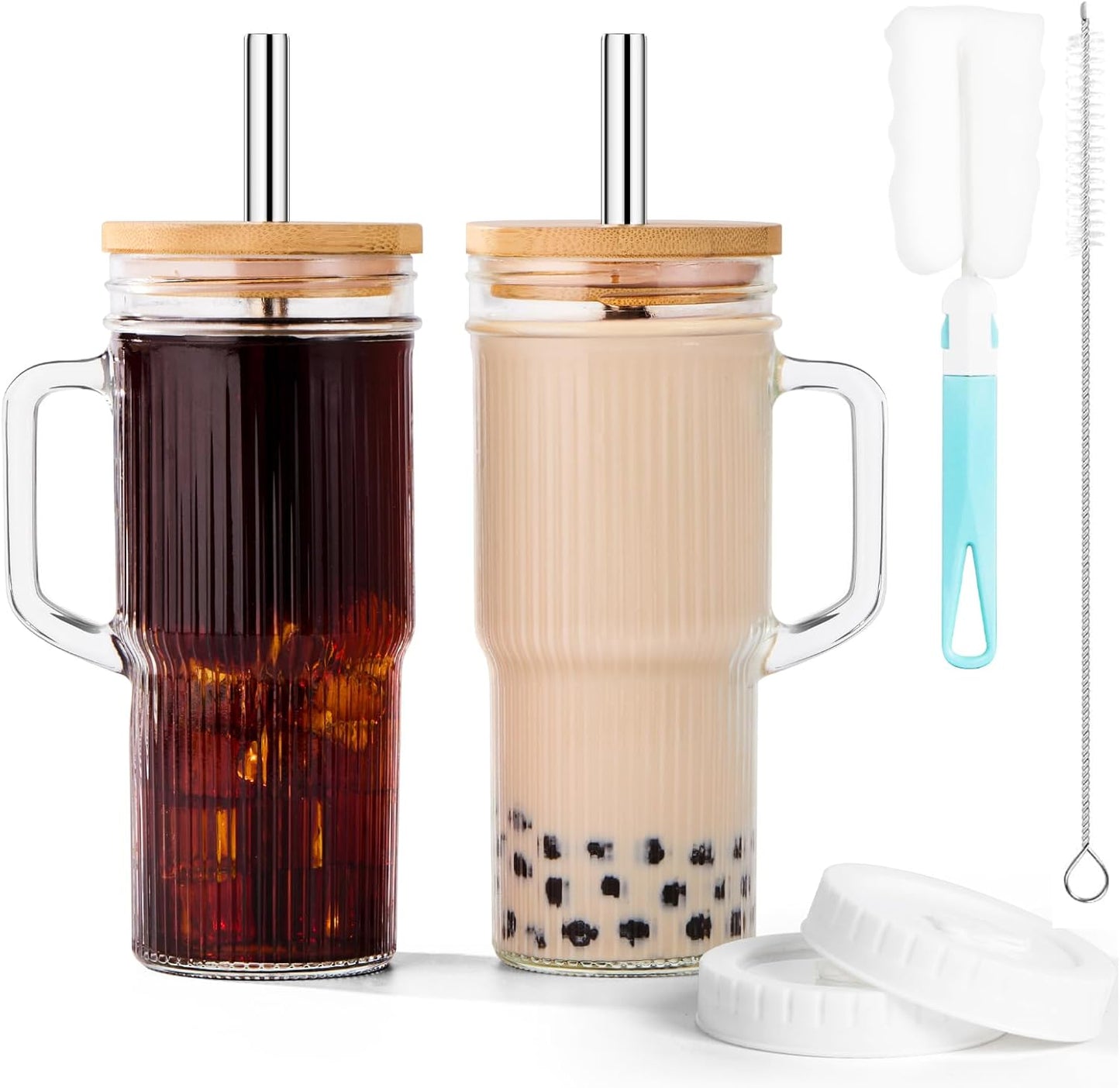 Glass Tumbler, 24 oz Ice Coffee Cups with Bamboo Lid and Handle | Stainless steel straws and cleaning brushes, boho pattern design for iced coffee, smoothies, tea and daily drinks
