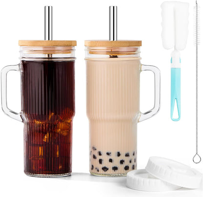Glass Tumbler, 24 oz Ice Coffee Cups with Bamboo Lid and Handle | Stainless steel straws and cleaning brushes, boho pattern design for iced coffee, smoothies, tea and daily drinks