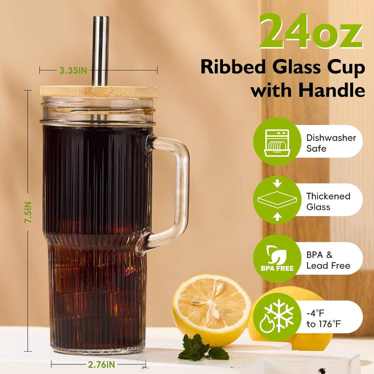 Glass Tumbler, 24 oz Ice Coffee Cups with Bamboo Lid and Handle | Stainless steel straws and cleaning brushes, boho pattern design for iced coffee, smoothies, tea and daily drinks