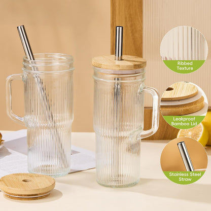 Glass Tumbler, 24 oz Ice Coffee Cups with Bamboo Lid and Handle | Stainless steel straws and cleaning brushes, boho pattern design for iced coffee, smoothies, tea and daily drinks