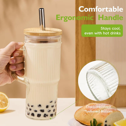 Glass Tumbler, 24 oz Ice Coffee Cups with Bamboo Lid and Handle | Stainless steel straws and cleaning brushes, boho pattern design for iced coffee, smoothies, tea and daily drinks