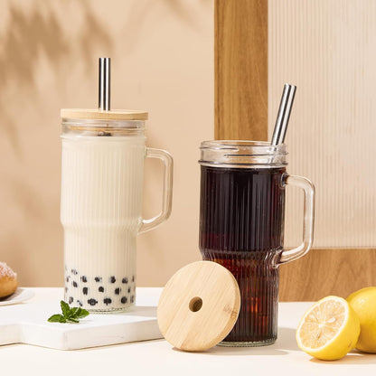Glass Tumbler, 24 oz Ice Coffee Cups with Bamboo Lid and Handle | Stainless steel straws and cleaning brushes, boho pattern design for iced coffee, smoothies, tea and daily drinks