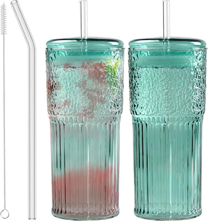 Glass Tumbler, 24 oz Ice Coffee Cups with Bamboo Lid and Handle | Stainless steel straws and cleaning brushes, boho pattern design for iced coffee, smoothies, tea and daily drinks