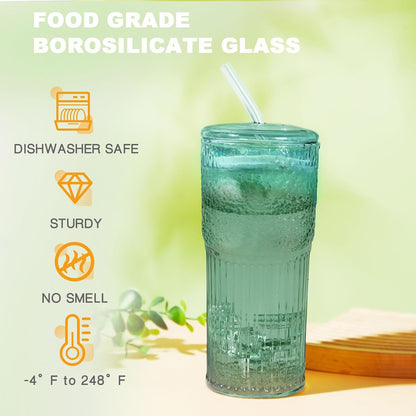 Glass Tumbler, 24 oz Ice Coffee Cups with Bamboo Lid and Handle | Stainless steel straws and cleaning brushes, boho pattern design for iced coffee, smoothies, tea and daily drinks