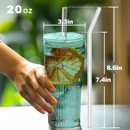 Glass Tumbler, 24 oz Ice Coffee Cups with Bamboo Lid and Handle | Stainless steel straws and cleaning brushes, boho pattern design for iced coffee, smoothies, tea and daily drinks