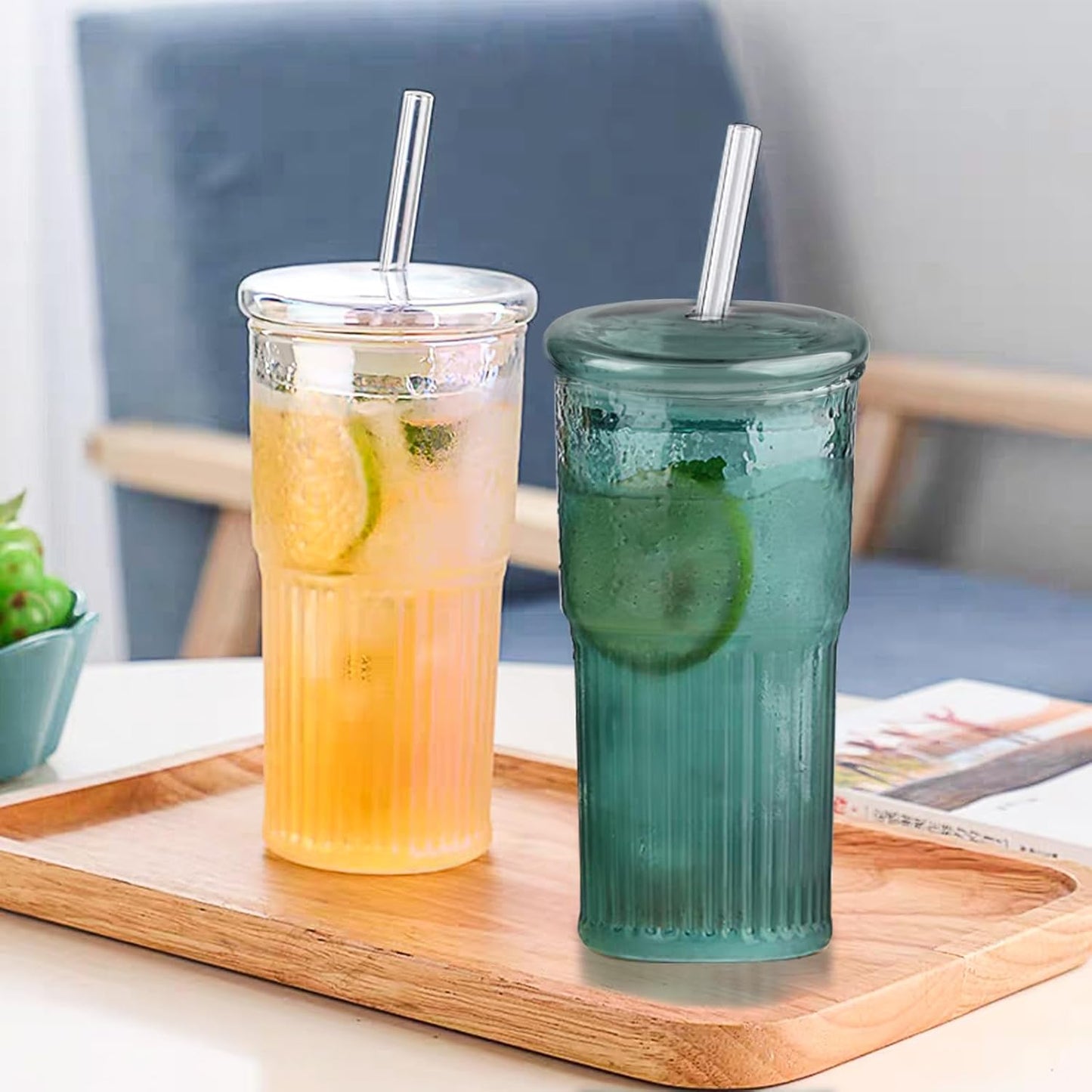 Glass Tumbler, 24 oz Ice Coffee Cups with Bamboo Lid and Handle | Stainless steel straws and cleaning brushes, boho pattern design for iced coffee, smoothies, tea and daily drinks