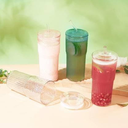 Glass Tumbler, 24 oz Ice Coffee Cups with Bamboo Lid and Handle | Stainless steel straws and cleaning brushes, boho pattern design for iced coffee, smoothies, tea and daily drinks