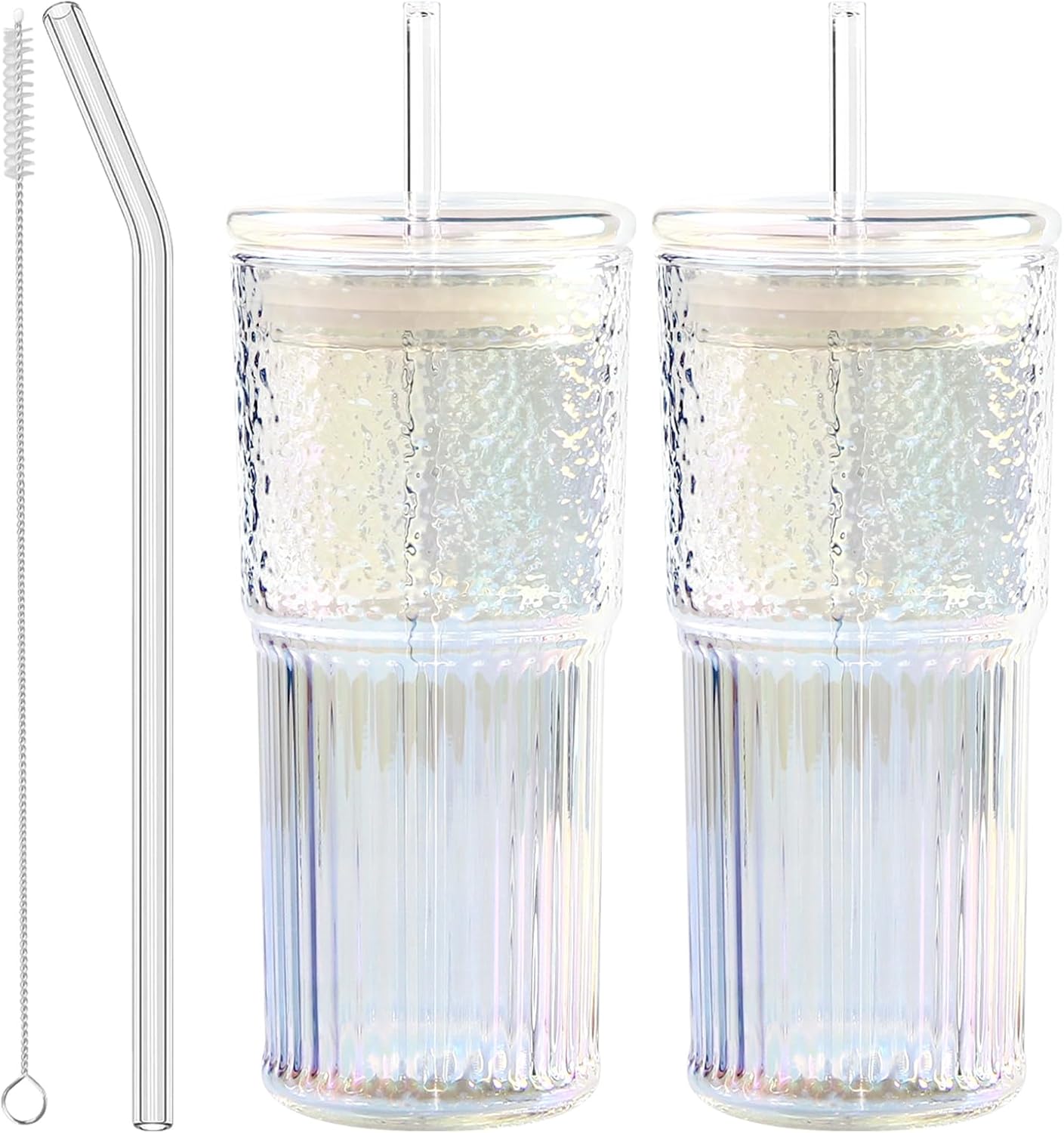 Glass Tumbler, 24 oz Ice Coffee Cups with Bamboo Lid and Handle | Stainless steel straws and cleaning brushes, boho pattern design for iced coffee, smoothies, tea and daily drinks