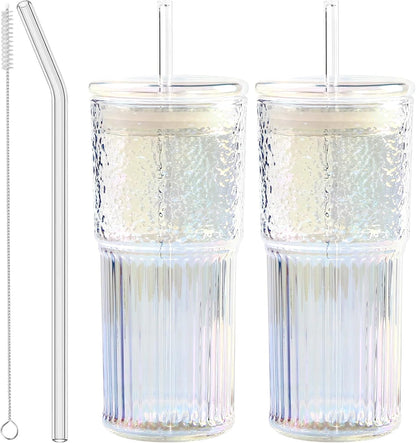 Glass Tumbler, 24 oz Ice Coffee Cups with Bamboo Lid and Handle | Stainless steel straws and cleaning brushes, boho pattern design for iced coffee, smoothies, tea and daily drinks