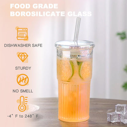 Glass Tumbler, 24 oz Ice Coffee Cups with Bamboo Lid and Handle | Stainless steel straws and cleaning brushes, boho pattern design for iced coffee, smoothies, tea and daily drinks