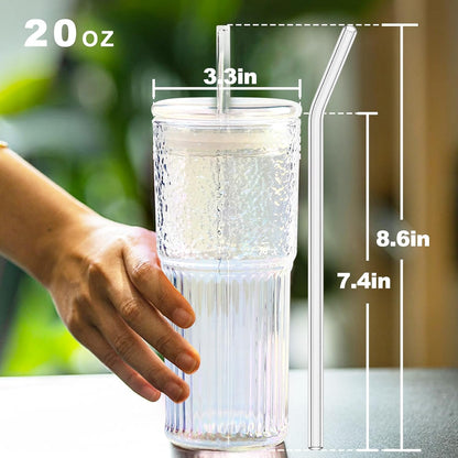 Glass Tumbler, 24 oz Ice Coffee Cups with Bamboo Lid and Handle | Stainless steel straws and cleaning brushes, boho pattern design for iced coffee, smoothies, tea and daily drinks