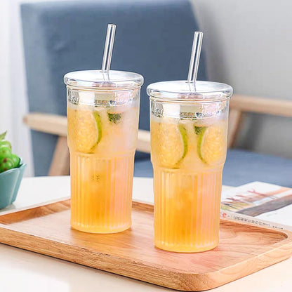 Glass Tumbler, 24 oz Ice Coffee Cups with Bamboo Lid and Handle | Stainless steel straws and cleaning brushes, boho pattern design for iced coffee, smoothies, tea and daily drinks
