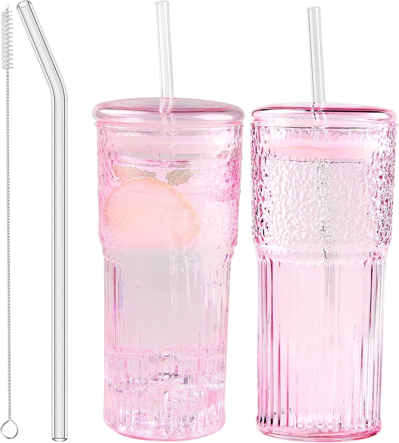 Glass Tumbler, 24 oz Ice Coffee Cups with Bamboo Lid and Handle | Stainless steel straws and cleaning brushes, boho pattern design for iced coffee, smoothies, tea and daily drinks