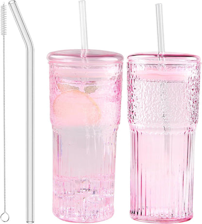 Glass Tumbler, 24 oz Ice Coffee Cups with Bamboo Lid and Handle | Stainless steel straws and cleaning brushes, boho pattern design for iced coffee, smoothies, tea and daily drinks