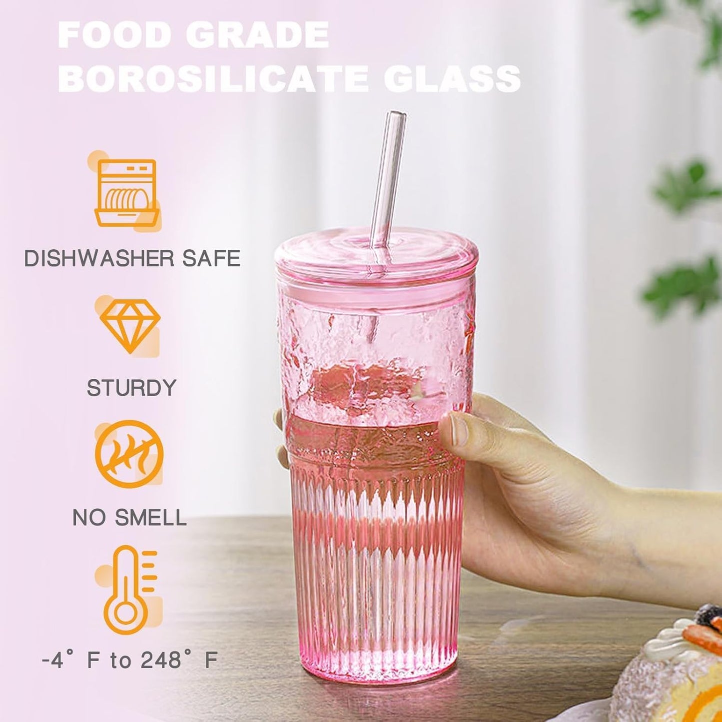 Glass Tumbler, 24 oz Ice Coffee Cups with Bamboo Lid and Handle | Stainless steel straws and cleaning brushes, boho pattern design for iced coffee, smoothies, tea and daily drinks