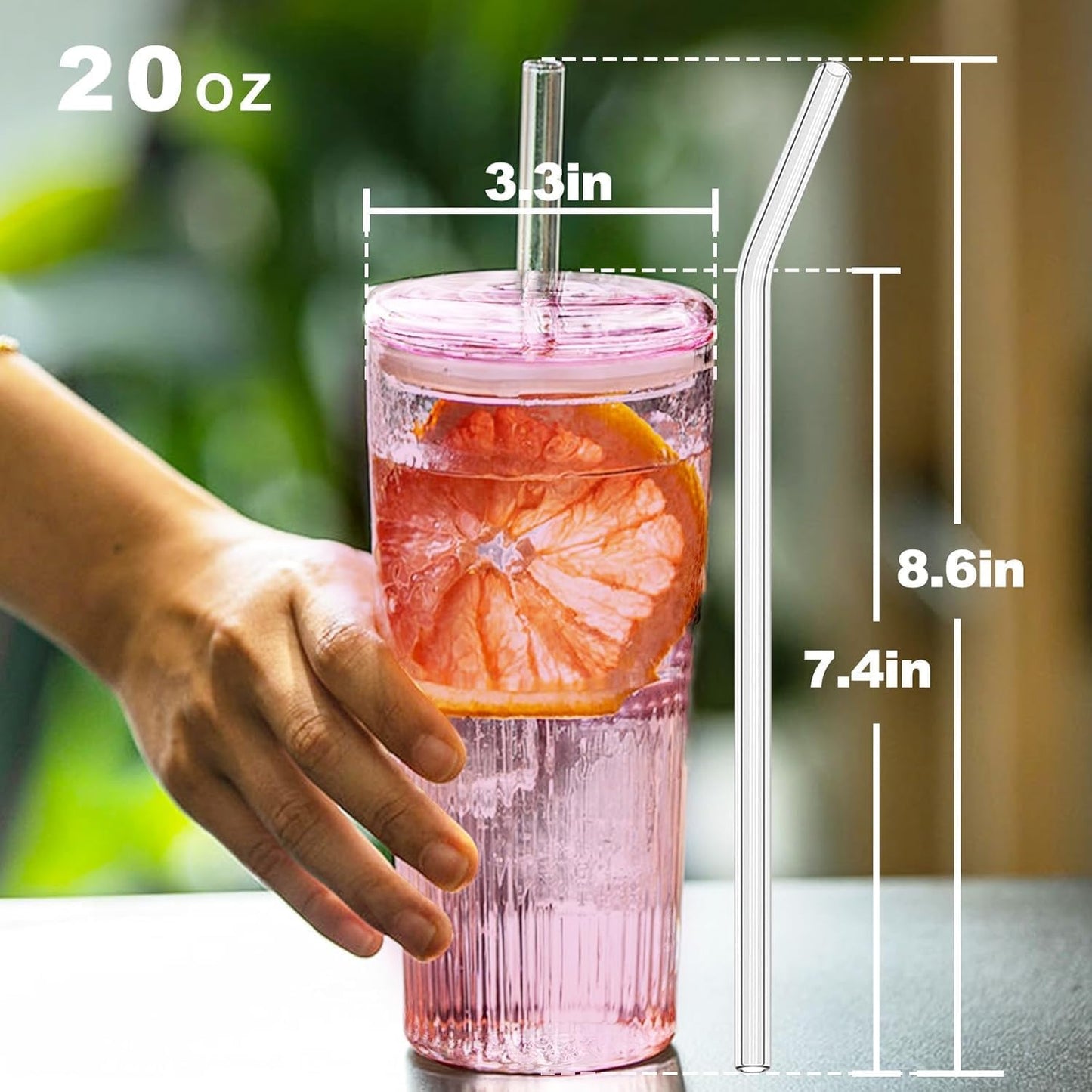 Glass Tumbler, 24 oz Ice Coffee Cups with Bamboo Lid and Handle | Stainless steel straws and cleaning brushes, boho pattern design for iced coffee, smoothies, tea and daily drinks