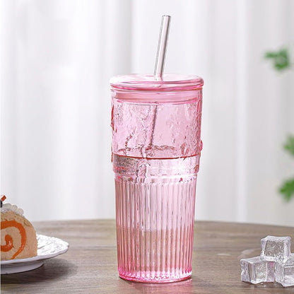 Glass Tumbler, 24 oz Ice Coffee Cups with Bamboo Lid and Handle | Stainless steel straws and cleaning brushes, boho pattern design for iced coffee, smoothies, tea and daily drinks