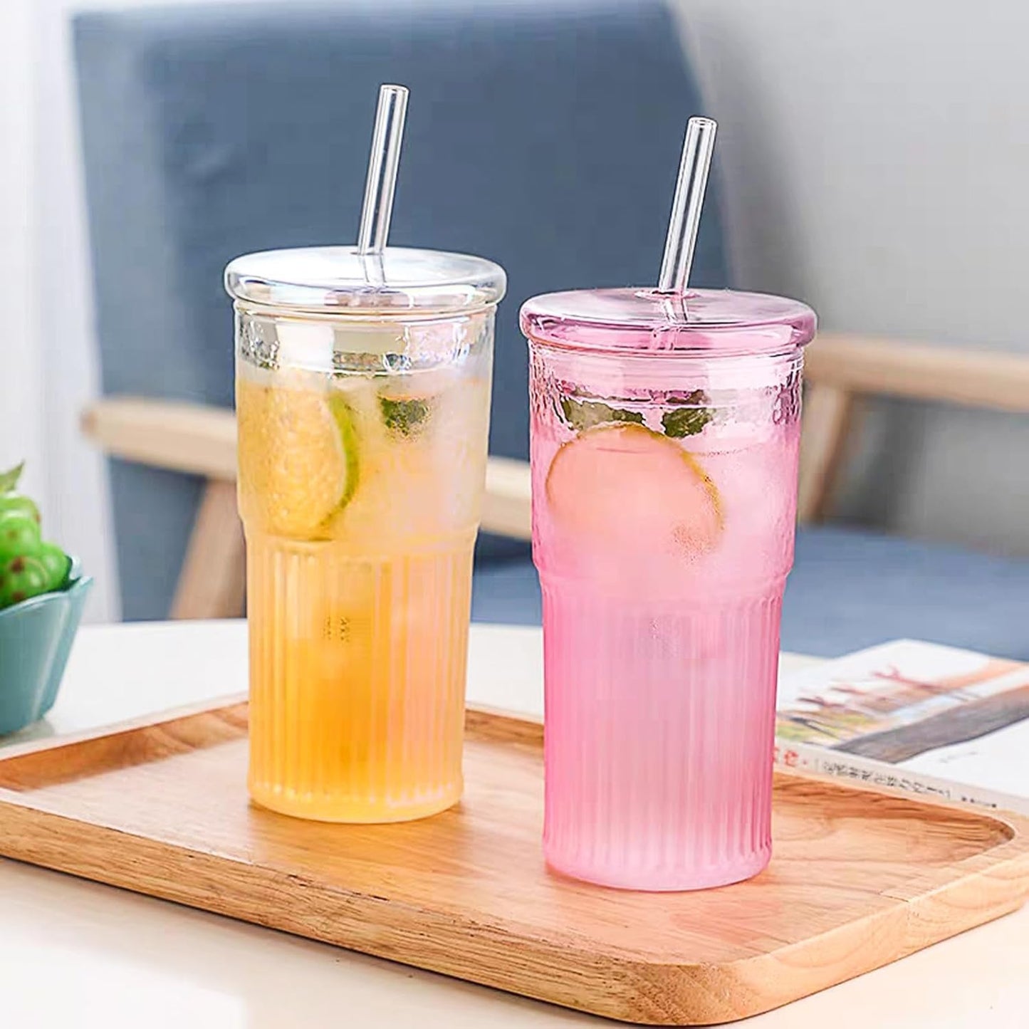 Glass Tumbler, 24 oz Ice Coffee Cups with Bamboo Lid and Handle | Stainless steel straws and cleaning brushes, boho pattern design for iced coffee, smoothies, tea and daily drinks