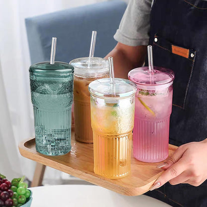 Glass Tumbler, 24 oz Ice Coffee Cups with Bamboo Lid and Handle | Stainless steel straws and cleaning brushes, boho pattern design for iced coffee, smoothies, tea and daily drinks