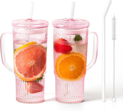 Glass Tumbler, 24 oz Ice Coffee Cups with Bamboo Lid and Handle | Stainless steel straws and cleaning brushes, boho pattern design for iced coffee, smoothies, tea and daily drinks