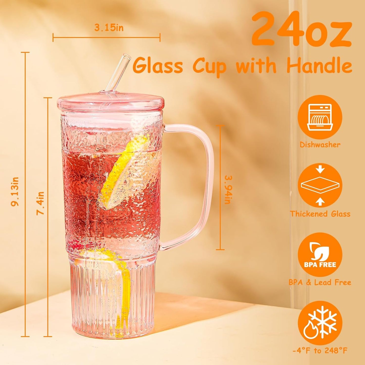 Glass Tumbler, 24 oz Ice Coffee Cups with Bamboo Lid and Handle | Stainless steel straws and cleaning brushes, boho pattern design for iced coffee, smoothies, tea and daily drinks