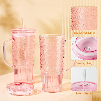 Glass Tumbler, 24 oz Ice Coffee Cups with Bamboo Lid and Handle | Stainless steel straws and cleaning brushes, boho pattern design for iced coffee, smoothies, tea and daily drinks