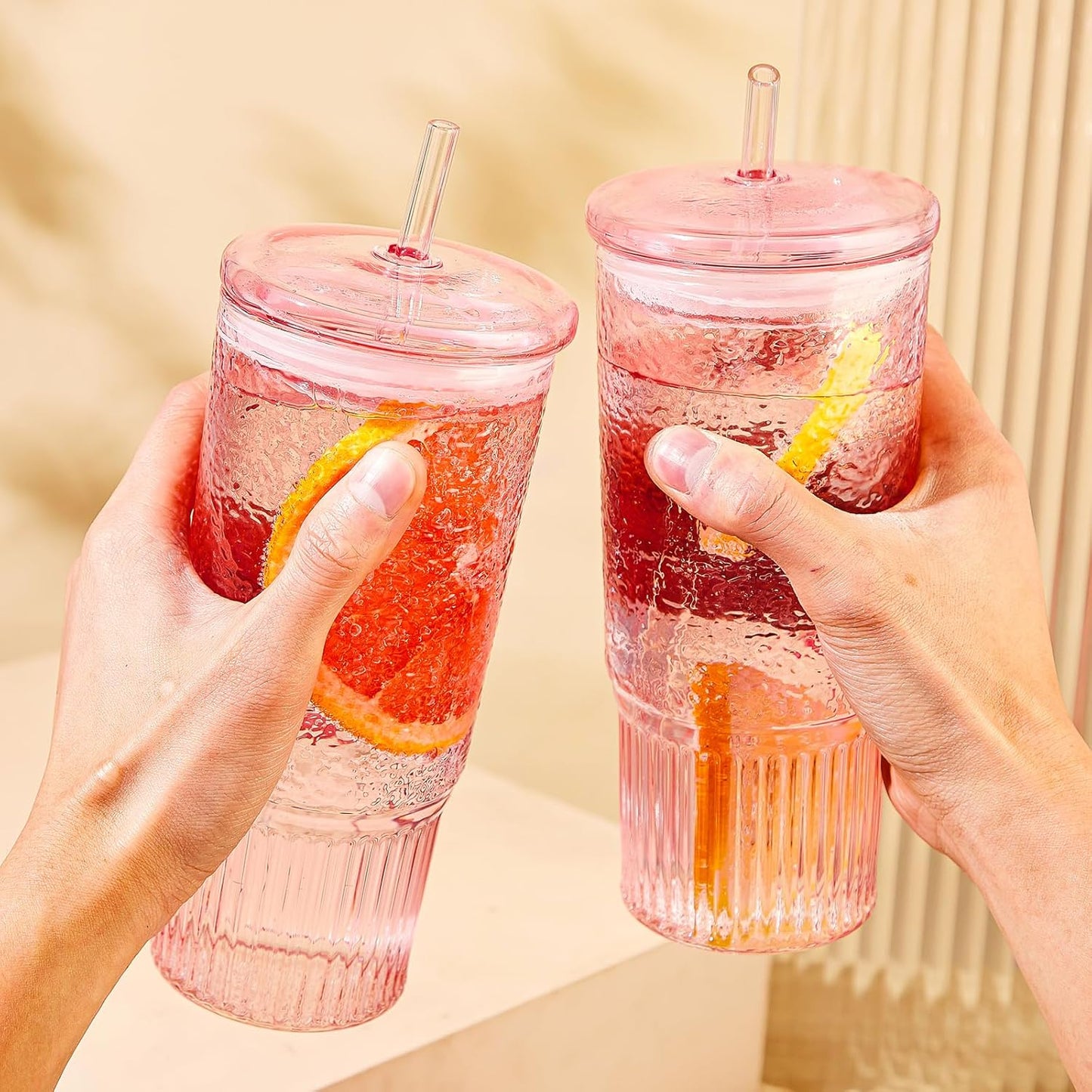 Glass Tumbler, 24 oz Ice Coffee Cups with Bamboo Lid and Handle | Stainless steel straws and cleaning brushes, boho pattern design for iced coffee, smoothies, tea and daily drinks