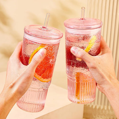 Glass Tumbler, 24 oz Ice Coffee Cups with Bamboo Lid and Handle | Stainless steel straws and cleaning brushes, boho pattern design for iced coffee, smoothies, tea and daily drinks