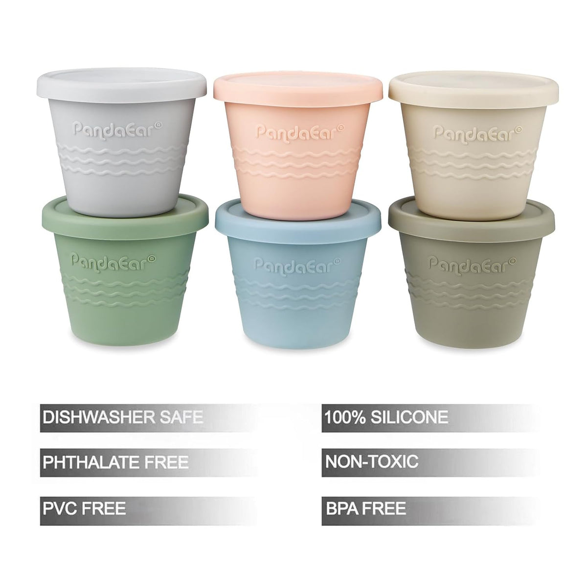 6 Pack Silicone Baby Food Storage Containers (4 oz) -Leakproof & Airtight Reusable Snack Cups with Lids - Freezer, Dishwasher Safe - Versatile Puree Jars for Infants & Toddlers
