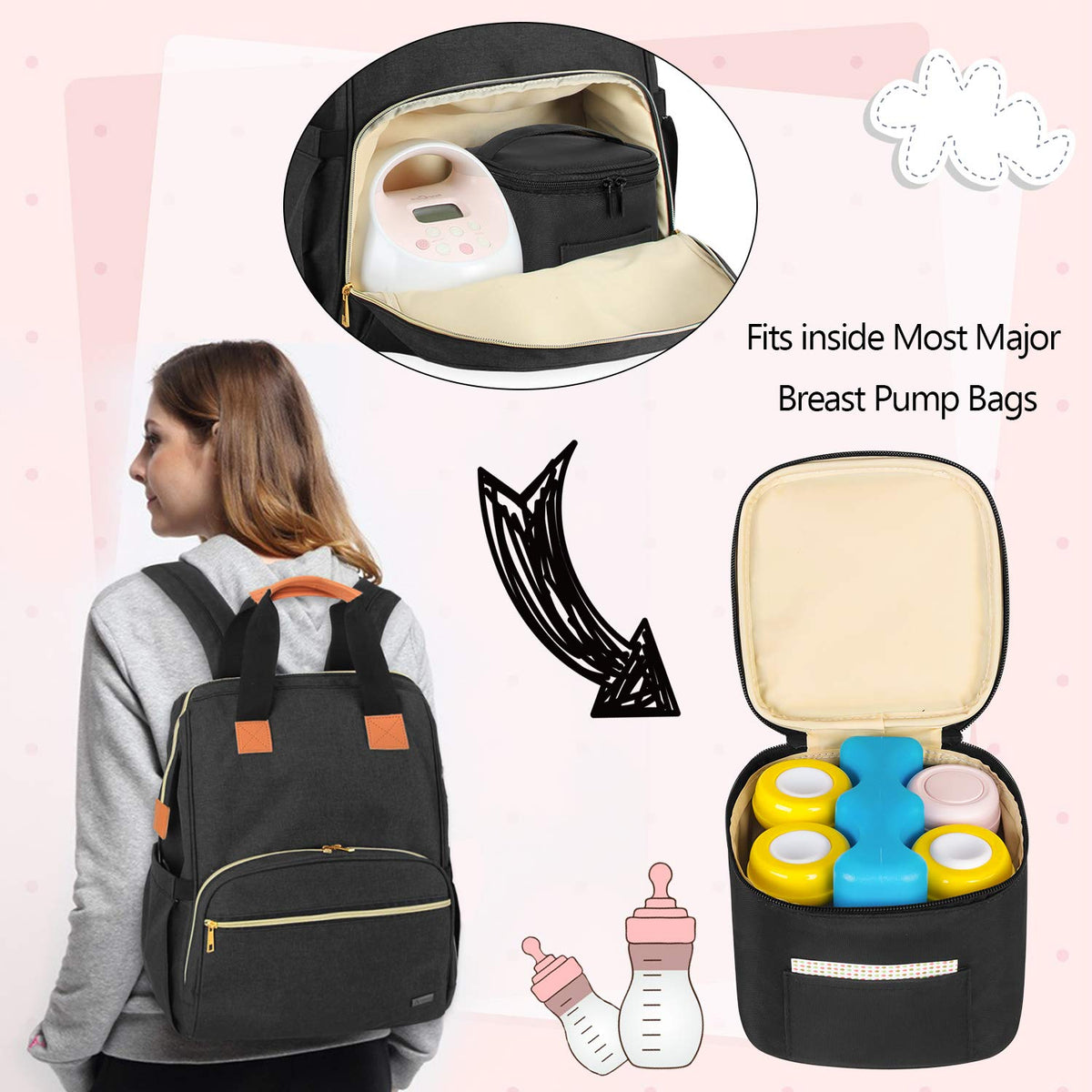 Insulated Breastmilk Cooler Travel Bag for Working Moms, Black