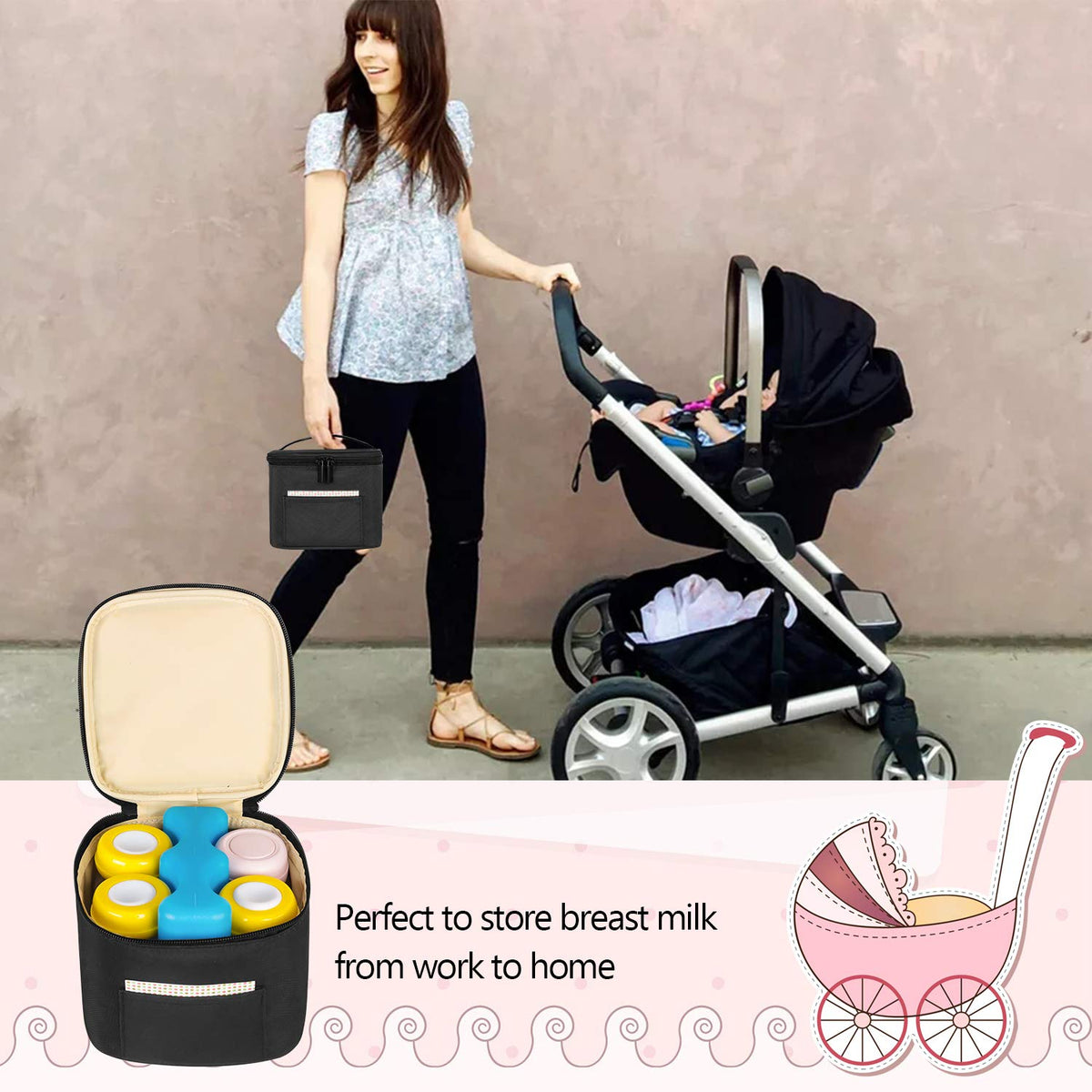 Insulated Breastmilk Cooler Travel Bag for Working Moms, Black