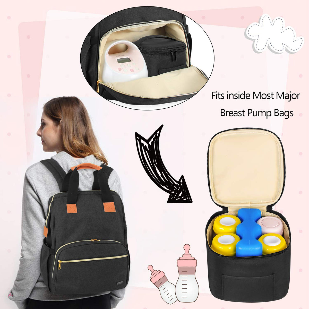 Insulated Breastmilk Cooler Travel Bag for Working Moms, Black