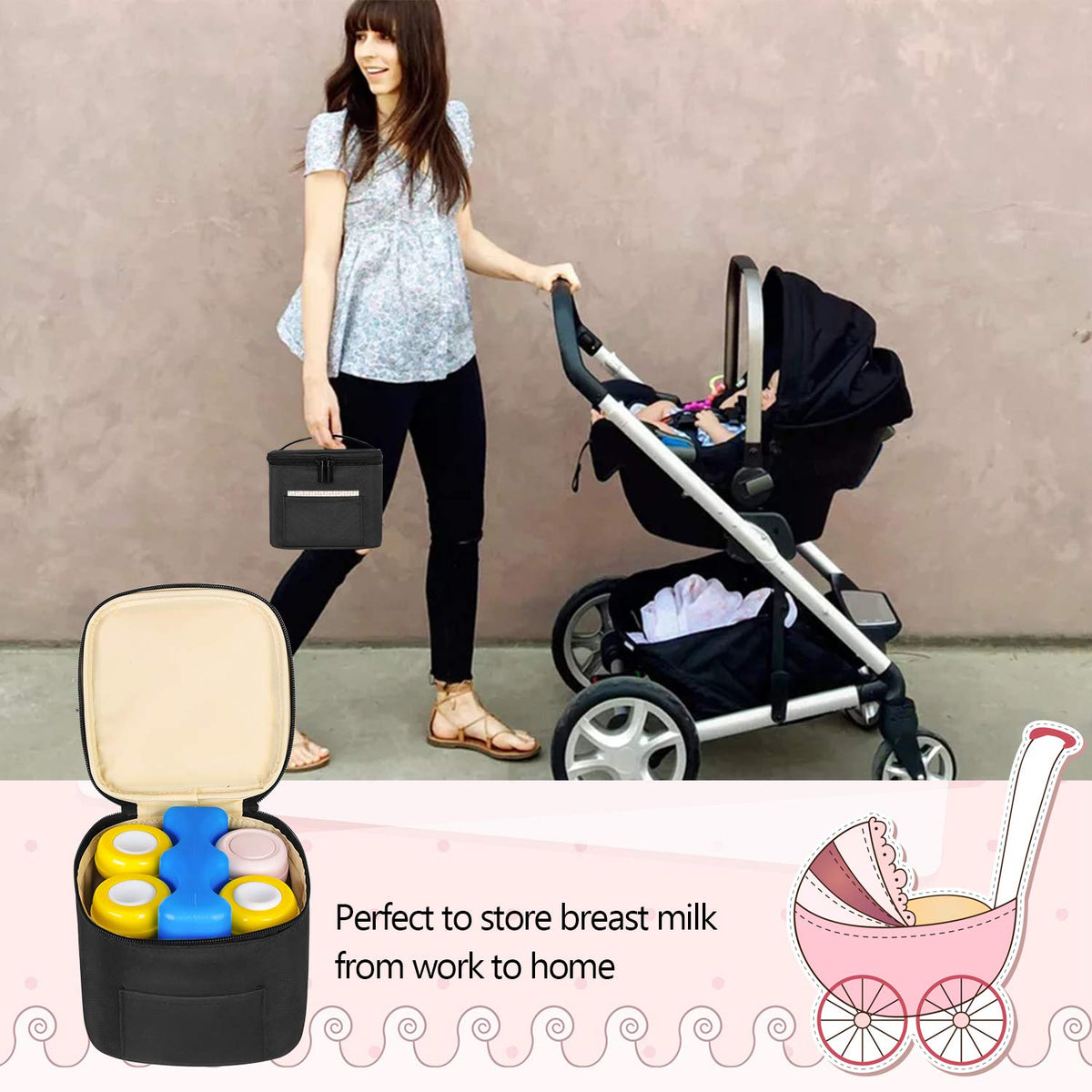 Insulated Breastmilk Cooler Travel Bag for Working Moms, Black