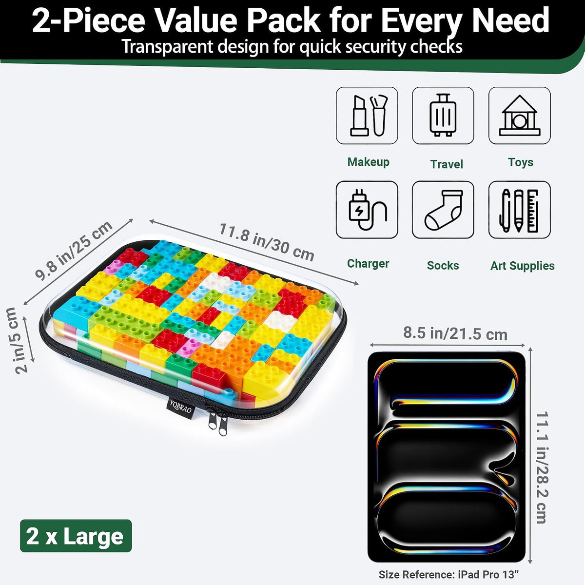 3-Piece Clear Hard Shell Zipper Case Set, 1M 2S, Black