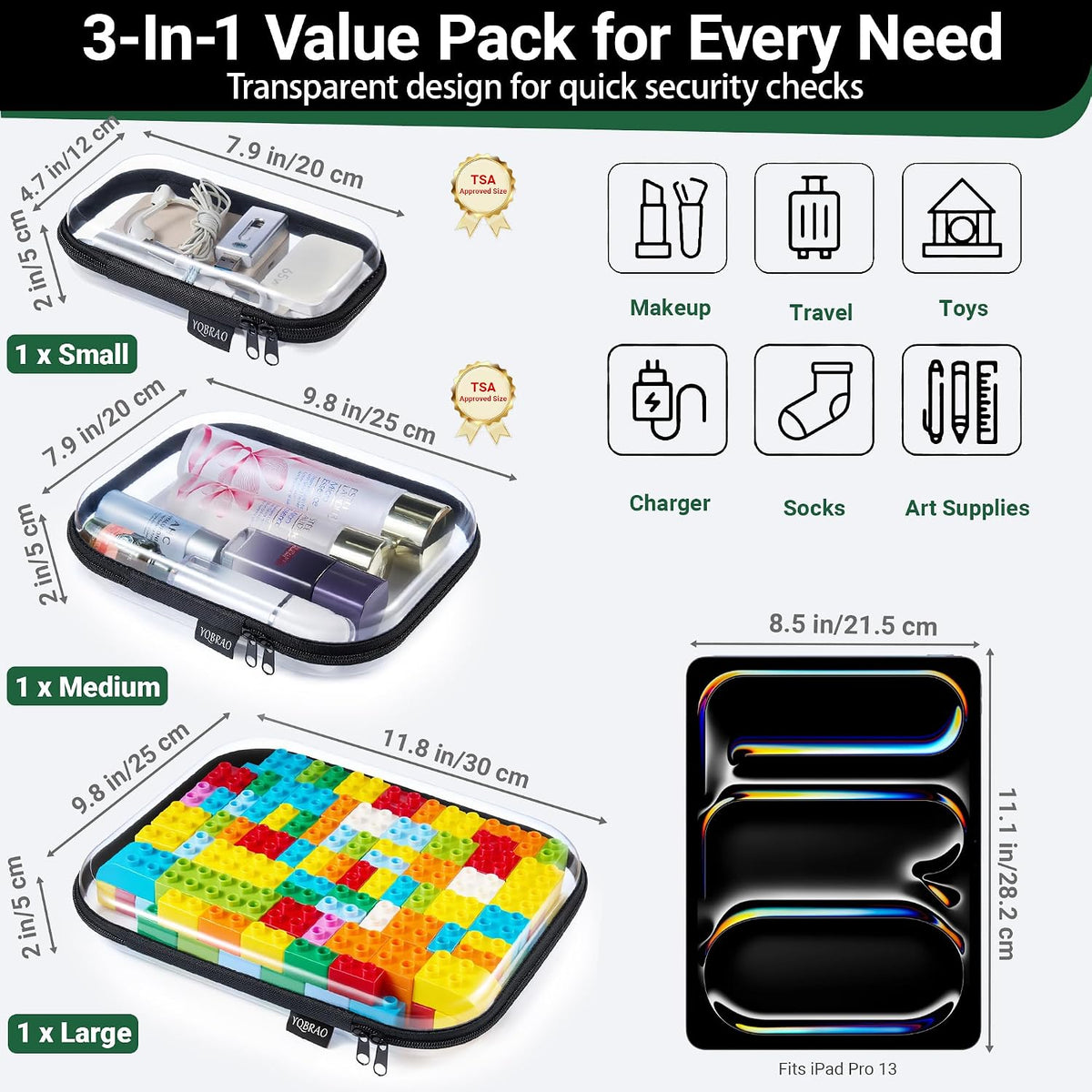 3-Piece Clear Hard Shell Zipper Case Set, 1M 2S, Black
