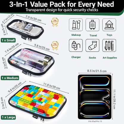 3-Piece Clear Hard Shell Zipper Case Set, 1M 2S, Black