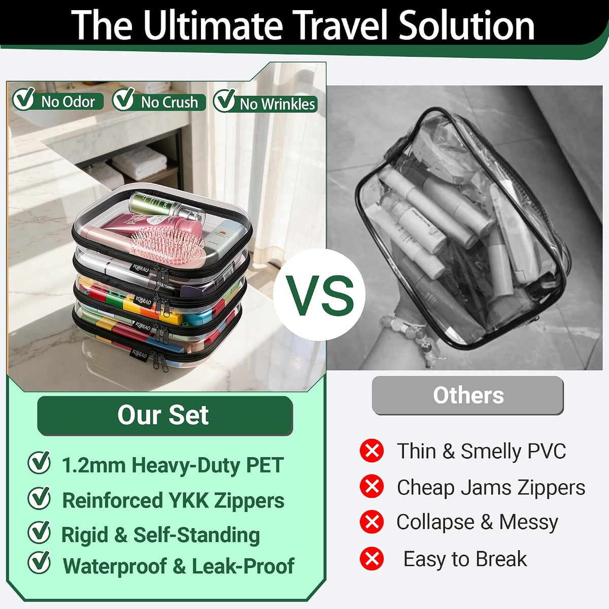 3-Piece Clear Hard Shell Zipper Case Set, 1M 2S, Black