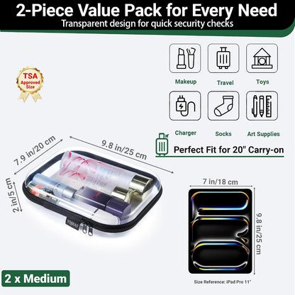 3-Piece Clear Hard Shell Zipper Case Set, 1M 2S, Black