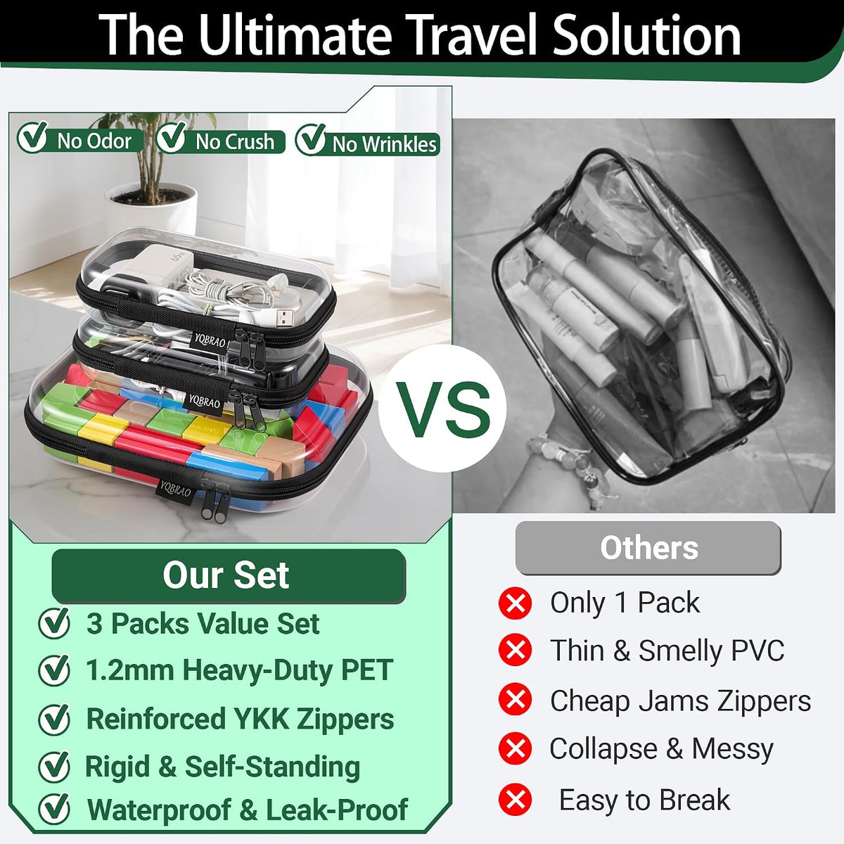 3-Piece Clear Hard Shell Zipper Case Set, 1M 2S, Black