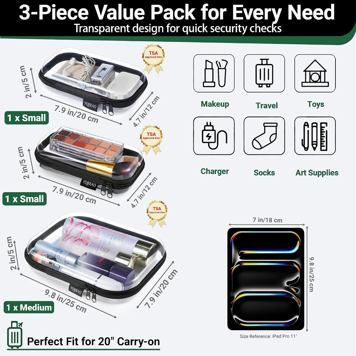 3-Piece Clear Hard Shell Zipper Case Set, 1M 2S, Black