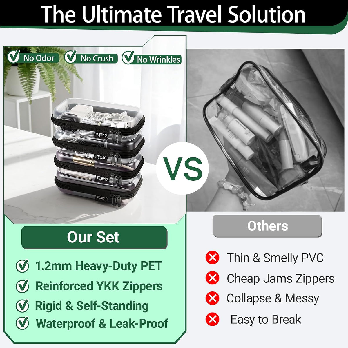 3-Piece Clear Hard Shell Zipper Case Set, 1M 2S, Black