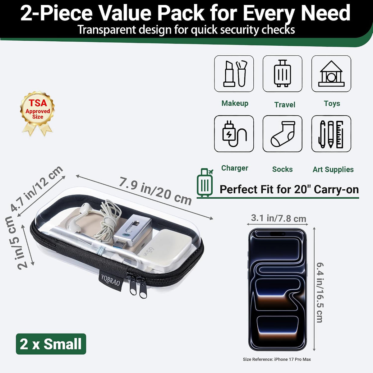 3-Piece Clear Hard Shell Zipper Case Set, 1M 2S, Black