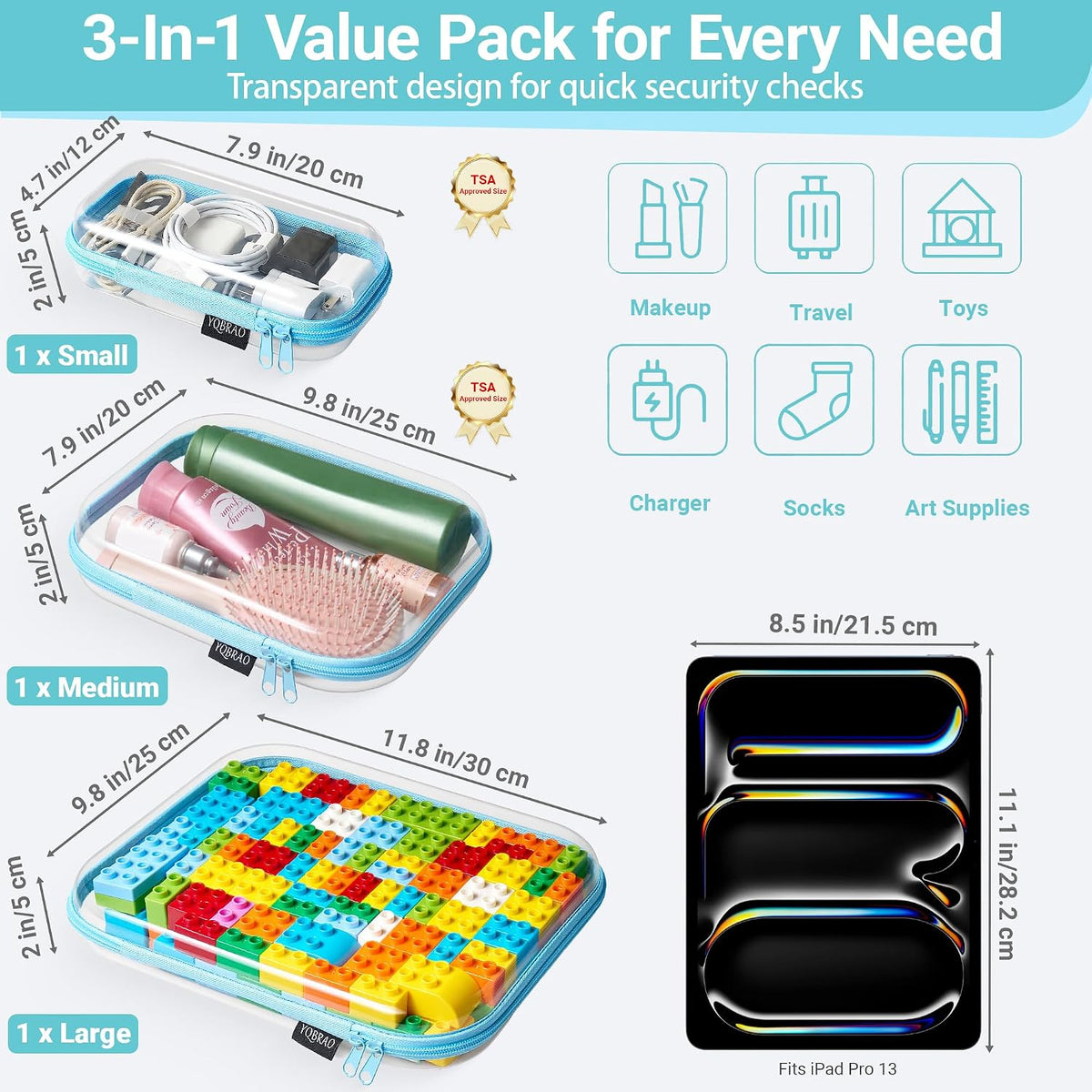 3-Piece Clear Hard Shell Zipper Case Set, 1M 2S, Black